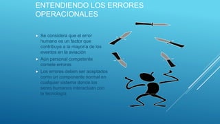 ENTENDIENDO LOS ERRORES
OPERACIONALES
 Se considera que el error
humano es un factor que
contribuye a la mayoría de los
eventos en la aviación
 Aún personal competente
comete errores
 Los errores deben ser aceptados
como un componente normal en
cualquier sistema donde los
seres humanos interactúan con
la tecnología
 