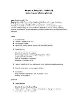 Proyecto de GRUPOS JUVENILES
Lema: buscar talentos y lideres
Lugar: Gualalcay de El Valle
Organiza: Comité de Padres de Familia y Comité de Desarrollo en coordinación con
Sindicatura, Escuela, y mas organizaciones de Gualalcay y sus sectores.
Meta: Buscar talentos en varios niveles: nuevos lideres, nuevos dirigentes, mejores
personas solidarias, mejores padres de familia del mañana, nuevos valores artísticos,
teatrales, de animación, nuevos artesanos y profesionales en varias ramas y nuevos valores
deportivos.
Temas..
 Busca talentos
 Talleres y proyección de cine
 Paseos y excursiones
 Resultados: nuevos líderes, familias más unidas fortalecidas.
1. Busca talentos
Elección de la cholita de gualalcay
Encuentro provincial de música y teatro popular andino.
Juegos populares ocurridos.
Feria de artes ciencia y tecnología
Gualalcay tus hijos te cantan
2. Talleres proyección de cine cada viernes como una costumbre y foro abierto.
3. Giras de observación a varios lugares del país
4. Resultados:
Nuevas elecciones participan 20% de jóvenes y srtas
Consejo de la juventud.
Desarrollo
1. Busca talentos
Elección de la cholita de gualalcay
 Fecha sábado 5 de julio en la plaza de Gualalcay en el programa solemne
 Ameniza una orquesta auspiciado
 