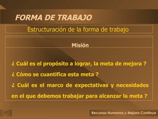 FORMA DE TRABAJO Misión ¿ Cuál es el propósito a lograr, la meta de mejora ? ¿ Cómo se cuantifica esta meta ? ¿ Cuál es el marco de expectativas y necesidades en el que debemos trabajar para alcanzar la meta ? Estructuración de la forma de trabajo  