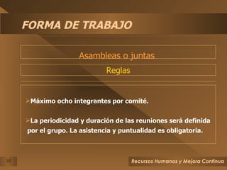 FORMA DE TRABAJO Asambleas o juntas  Reglas Máximo ocho integrantes por comité. La periodicidad y duración de las reuniones será definida por el grupo. La asistencia y puntualidad es obligatoria.  