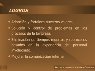 LOGROS Adopción y fortaleza nuestros valores. Solución y control de problemas en los procesos de la Empresa. Eliminación de tiempos muertos y reprocesos basados en la experiencia del personal involucrado. Mejorar la comunicación interna 