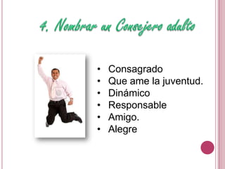 • Consagrado
• Que ame la juventud.
• Dinámico
• Responsable
• Amigo.
• Alegre