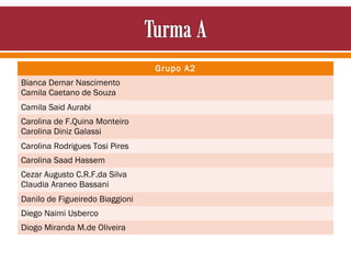 Grupo A2
Bianca Demar Nascimento
Camila Caetano de Souza
Camila Said Aurabi
Carolina de F.Quina Monteiro
Carolina Diniz Galassi
Carolina Rodrigues Tosi Pires
Carolina Saad Hassem
Cezar Augusto C.R.F.da Silva
Claudia Araneo Bassani
Danilo de Figueiredo Biaggioni
Diego Naimi Usberco
Diogo Miranda M.de Oliveira

 