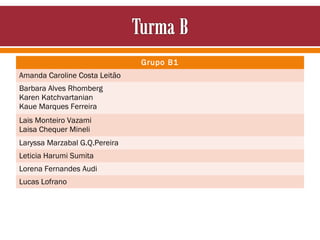 Grupo B1
Amanda Caroline Costa Leitão
Barbara Alves Rhomberg
Karen Katchvartanian
Kaue Marques Ferreira
Lais Monteiro Vazami
Laisa Chequer Mineli
Laryssa Marzabal G.Q.Pereira
Leticia Harumi Sumita
Lorena Fernandes Audi
Lucas Lofrano

 
