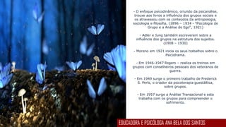 - O enfoque psicodinâmico, oriundo da psicanálise,
trouxe aos livros a influência dos grupos sociais e
os atravessou com os conteúdos da antropologia,
sociologia e filosofia. (1896 – 1934 - "Psicologia de
Grupo e a Análise do Ego“, 1921)
- Adler e Jung também escreveram sobre a
influência dos grupos na estrutura dos sujeitos.
(1908 – 1930)
- Moreno em 1921 inicia os seus trabalhos sobre o
Psicodrama.
- Em 1946-1947 Rogers – realiza os treinos em
grupos com conselheiros pessoais dos veteranos de
guerra.
- Em 1949 surge o primeiro trabalho de Frederick
S. Perls, o criador da psicoterapia guestáltica,
sobre grupos.
- Em 1957 surge a Análise Transacional e esta
trabalha com os grupos para compreender o
sofrimento.
EDUCADORA E PSICÓLOGA ANA BELA DOS SANTOS
 