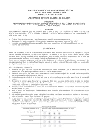 UNIVERSIDAD NACIONAL AUTONOMA DE MÉXICO
ESCUELA NACIONAL PREPARATORIA
PLANTEL 9 “PEDRO DE ALBA”
LABORATORIO DE TEMAS SELECTOS DE BIOLOGÍA
PRACTICA:
“TIPIFICACIÓN Y FRECUENCIA DE GRUPOS SANGUÍNEOS Y DEL FACTOR Rh (REACCIÓN
ANTÍGENO – ANTICUERPO)”
MATERIAL
INFORMAVIÓN PREVIA (SE REALIZARA EN EQUIPOS DE DOS PERSONAS PARA ENTREGAR
ESCRITA A MANO Y CON PORTADA INCLUYENDO FUETNES D EINFORMACIÓN, SE ENTREGARÁ EL
DÍA DE LA PRÁCTICA)
-

Explicar de que están hechos los antisueros para identificar grupos sanguíneos
Cuáles son los argumentos para diferencias los grupos sanguíneos del sistema ABO y RH?
Investiga cómo es la distribución geográfica de grupos sanguíneos a nivel mundial (puede ser con
cuadros por continentes
ACTIVIDADES

Antes de iniciar esta práctica, es importante hacer saber a los alumnos que, cuando se trabaja con sangre
deben seguirse las normas de seguridad estrictas. La Sangre es un tejido, cuyas células siguen vivas
durante algún tiempo después de su extracción y podríanportar gérmenes infecciosos, por lo que es
necesario trabajar en forma responsable y bajo la vigilancia estricta del profesor.
Cada alumno trabajará su propia sangre y tendrá dispuesto un recipiente de plástico con una solución de
cloro para colocar todo el material que toque la sangre, el cual en estas condiciones, podrá ser desechado
en depósitos de basura comunes.
DETERMINACIÓN EN PLACA
1. Colocar una gota de cada uno de los antisueros en forma ordenada. Con el marcador indeleble se
identificará en el portaobjetos el sitio específico para cada antisuero.
2. Desinfectar la punta del dedo de tu preferencia con una torunda mojada en alcohol, haciendo presión
para que haya mayor afluencia de sangre.
3. Quitar la cubierta estéril de la lanceta, sin tocar el extremo afilado, y proceder a puncionar la yema del
dedo.
4. Desechar la primera gota de sangre y enseguida dejar caer una gota de la misma a cada uno de los
antisueros preparados en la placa. Se debe evitar que el dedo entre en contacto directo con los
antisueros, para evitar la obtención de resultados falso.
5. Homogeneizar la mezcla con un palillo, sin tocar el extremo utilizado. Depositar de inmediato el palillo
en la solución de cloro.
6. Con la ayuda del microscopio, hacer la lectura de la reacción, para identificar con que antisuero hubo
aglutinación.
7. La presencia de aglutinación en los portaobjetos pone de manifiesto una reacción antígeno– anticuerpo,
que se percibe a través de la formación de grumos.
8. A continuación se muestra un esquema de la reacción en placa, que ayudará a identificar el grupo
sanguíneo y la presencia o ausencia del factor Rh. Si hay aglutinación, la reacción es positiva, en caso
contrario, la reacción es negativa. La reacción de aglutinación positiva se identificará con la formación
de grumos gruesos de color rojo.
Antígenos presentes en el
suero
Anti-A, anti-B
Anti A
Anti A
-

REACCIÓN EN PLACA
Reacción que se produce al añadir eritrocitos del grupo

O

A

B

AB

 