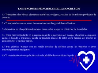 LAS FUNCIONES PRINCIPALES DE LA SANGRE SON:
1.- Transporta a las células elementos nutritivos y oxígeno, y extrae de las mismas productos de
desecho
2.- Transporta hormonas, o sea las secreciones de las glándulas endócrinas
3.- Interviene en el equilibrio de ácidos, bases, sales y agua en el interior de las células

4.- Toma parte importante en la regulación de la temperatura del cuerpo, al enfriar los órganos
como el hígado y músculos, donde se produce exceso de calor, cuya pérdida del mismo es
considerable, y calentar la piel.
5.- Sus glóbulos blancos son un medio decisivo de defensa contra las bacterias y otros
microorganismos patógenos.
6.- Y sus métodos de coagulación evitan la pérdida de ese valioso líquido.

 