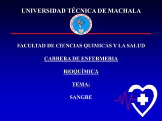 UNIVERSIDAD TÉCNICA DE MACHALA

FACULTAD DE CIENCIAS QUIMICAS Y LA SALUD

CARRERA DE ENFERMERIA
BIOQUÍMICA

TEMA:
SANGRE

 
