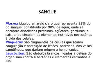 SANGUE
Plasma Líquido amarelo claro que representa 55% do
do sangue, constituído por 90% de água, onde se
encontra dissolvidas proteínas, açúcares, gorduras e
sais, onde circulam os elementos nutritivos necessários
à vida das células.
Plaquetas São fragmentos de células que atuam
coagulação e obstrução de lesões ocorridas nos vasos
sangüíneos, que dariam origem a hemorragias.
Leucócitos: São glóbulos brancos, ligados a defesa do
organismo contra a bactérias e elementos estranhos a
ele.
 