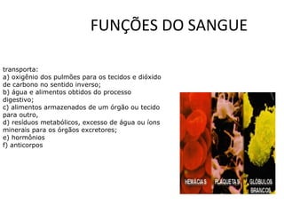 FUNÇÕES DO SANGUE
transporta:
a) oxigênio dos pulmões para os tecidos e dióxido
de carbono no sentido inverso;
b) água e alimentos obtidos do processo
digestivo;
c) alimentos armazenados de um órgão ou tecido
para outro,
d) resíduos metabólicos, excesso de água ou íons
minerais para os órgãos excretores;
e) hormônios
f) anticorpos
 