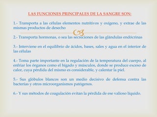 LAS FUNCIONES PRINCIPALES DE LA SANGRE SON:
1.- Transporta a las células elementos nutritivos y oxígeno, y extrae de las
mismas productos de desecho



2.- Transporta hormonas, o sea las secreciones de las glándulas endócrinas
3.- Interviene en el equilibrio de ácidos, bases, sales y agua en el interior de
las células
4.- Toma parte importante en la regulación de la temperatura del cuerpo, al
enfriar los órganos como el hígado y músculos, donde se produce exceso de
calor, cuya pérdida del mismo es considerable, y calentar la piel.
5.- Sus glóbulos blancos son un medio decisivo de defensa contra las
bacterias y otros microorganismos patógenos.
6.- Y sus métodos de coagulación evitan la pérdida de ese valioso líquido.

 