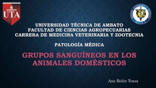 UNIVERSIDAD TÉCNICA DE AMBATO
FACULTAD DE CIENCIAS AGROPECUARIAS
CARRERA DE MEDICINA VETERINARIA Y ZOOTECNIA
PATOLOGÍA MÉDICA
GRUPOS SANGUÍNEOS EN LOS
ANIMALES DOMÉSTICOS
Ana Belén Toasa
 