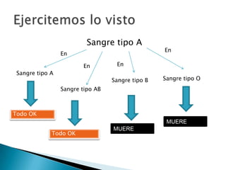 Sangre tipo A
                                                  En
                 En

                         En        En
 Sangre tipo A
                                  Sangre tipo B   Sangre tipo O
                 Sangre tipo AB



Todo OK
                                                   MUERE
                                  MUERE
             Todo OK
 