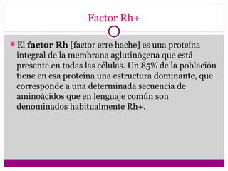 Factor Rh+
El factor Rh [factor erre hache] es una proteína
integral de la membrana aglutinógena que está
presente en todas las células. Un 85% de la población
tiene en esa proteína una estructura dominante, que
corresponde a una determinada secuencia de
aminoácidos que en lenguaje común son
denominados habitualmente Rh+.
 
