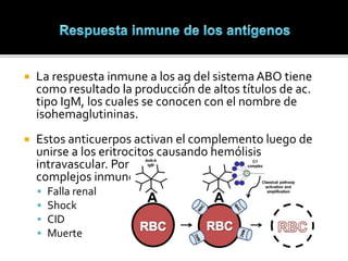  La respuesta inmune a los ag del sistema ABO tiene
como resultado la producción de altos títulos de ac.
tipo IgM, los cuales se conocen con el nombre de
isohemaglutininas.
 Estos anticuerpos activan el complemento luego de
unirse a los eritrocitos causando hemólisis
intravascular. Por otra parte, la presencia de
complejos inmunes ag/ac puede llevar a:
 Falla renal
 Shock
 CID
 Muerte
 
