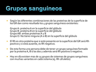 Según las diferentes combinaciones de las proteínas de la superficie de
los GR dan como resultado los 4 grupos sanguíneos existentes:
GrupoA: proteínaA en la superficie del glóbulo
Grupo B: proteína B en la superficie del glóbulo
GrupoAB: ambas proteínasA y B
Grupo O: No tiene ninguna (A o B) en la superficie del glóbulo
 El Rh es otra proteína que si está presente en la superficie del GR será Rh
positivo y si está ausente, es Rh negativo.
 De esta forma una persona debe de tener un grupo sanguíneo formado
por la proteínaA, B ó las dos y además será Rh positivo o negativo.
 Hoy en día existen mas de 15 grupos de sistemas de grupos sanguíneos
con muchas variantes en cada sistema (ej. Rh 28 alelos)
 