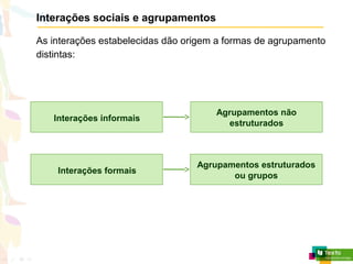 Interações sociais e agrupamentos
As interações estabelecidas dão origem a formas de agrupamento
distintas:
Interações informais
Agrupamentos não
estruturados
Interações formais
Agrupamentos estruturados
ou grupos
 