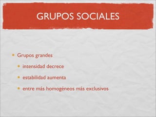 GRUPOS SOCIALES


Grupos grandes

  intensidad decrece

  estabilidad aumenta

  entre más homogéneos más exclusivos
 