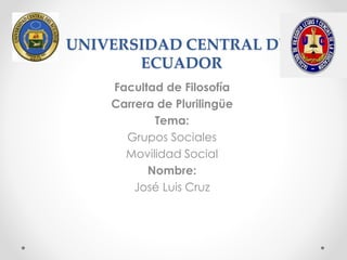 UNIVERSIDAD CENTRAL DEL 
ECUADOR 
Facultad de Filosofía 
Carrera de Plurilingüe 
Tema: 
Grupos Sociales 
Movilidad Social 
Nombre: 
José Luis Cruz 
 