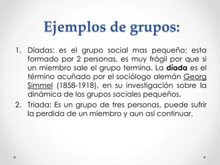 Ejemplos de grupos: 
1. Diadas: es el grupo social mas pequeño; esta 
formado por 2 personas, es muy frágil por que si 
un miembro sale el grupo termina. La díada es el 
término acuñado por el sociólogo alemán Georg 
Simmel (1858-1918), en su investigación sobre la 
dinámica de los grupos sociales pequeños. 
2. Triada: Es un grupo de tres personas, puede sufrir 
la perdida de un miembro y aun así continuar. 
 