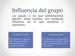 Influencia del grupo 
Los grupos a los que pertenecemos 
ejercen sobre nosotros una poderosa 
influencia en lo que hacemos y 
pensamos. 
Facilitación Social 
Es la tendencia a ejecutar 
mejor tareas sencillas o 
bien aprendidas en 
presencia de otros. 
Haraganeo Social 
Es la tendencia de las personas 
a realizar menos trabajo cuando 
unen sus esfuerzos hacia una 
meta común. 
 