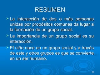 2323
RESUMENRESUMEN
 La interacción de dos o más personasLa interacción de dos o más personas
unidas por propósitos comunes da lugar aunidas por propósitos comunes da lugar a
la formación de un grupo social.la formación de un grupo social.
 La importancia de un grupo social es suLa importancia de un grupo social es su
interacción.interacción.
 El niño nace en un grupo social y a travésEl niño nace en un grupo social y a través
de este y otros grupos es que se conviertede este y otros grupos es que se convierte
en un ser humano.en un ser humano.
 