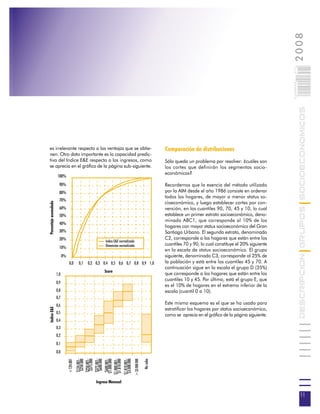 2008
                                                                                                                                                                         0 11
                                                                                                                                                                         0 000PAG

                                                                                                                                                                                    DESCRIPCION GRUPOS SOCIOECONOMICOS
es irrelevante respecto a las ventajas que se obtie-                                                            Comparación de distribuciones
nen. Otro dato importante es la capacidad predic-
tiva del Indice E&E respecto a los ingresos, como                                                               Sólo queda un problema por resolver: ¿cuáles son
se aprecia en el gráfico de la página sub-siguiente.                                                            los cortes que definirán los segmentos socio-
                                                                                                                económicos?
                        100%
                         90%                                                                                    Recordemos que la esencia del método utilizado
                         80%                                                                                    por la AIM desde el año 1986 consiste en ordenar
                                                                                                                todos los hogares, de mayor a menor status so-
                         70%
                                                                                                                cioeconómico, y luego establecer cortes por con-
Porcentaje acumulado




                         60%                                                                                    vención, en los cuantiles 90, 70, 45 y 10, lo cual
                         50%                                                                                    establece un primer estrato socioeconómico, deno-
                                                                                                                minado ABC1, que corresponde al 10% de los
                         40%
                                                                                                                hogares con mayor status socioeconómico del Gran
                         30%                                                                                    Santiago Urbano. El segundo estrato, denominado
                         20%                                                                                    C2, corresponde a los hogares que están entre los
                                                            Indice E&E normalizado
                                                            Dimensión normalizada                               cuantiles 70 y 90, lo cual constituye el 20% siguiente
                         10%
                                                                                                                en la escala de status socioeconómico. El grupo
                             0%                                                                                 siguiente, denominado C3, corresponde al 25% de
                                   0,0       0,1   0,2 0,3 0,4 0,5 0,6 0,7 0,8 0,9 1,0                          la población y está entre los cuantiles 45 y 70. A
                                                                                                                continuación sigue en la escala el grupo D (35%)
                                                            Score
                       1,0                                                                                      que corresponde a los hogares que están entre los
                                                                                                                cuantiles 10 y 45. Por último, está el grupo E, que
                       0,9
                                                                                                                es el 10% de hogares en el extremo inferior de la
                       0,8                                                                                      escala (cuantil 0 a 10).
                       0,7
                       0,6                                                                                      Este mismo esquema es el que se ha usado para
Indice E&E




                                                                                                                estratificar los hogares por status socioeconómico,
                       0,5
                                                                                                                como se aprecia en el gráfico de la página siguiente.
                       0,4
                       0,3
                       0,2
                       0,1
                       0,0
                                                                                       > $3.000.000
                                  <124.001
                                               $124.001-
                                                $250.000
                                               $250.001-
                                                $375.000
                                               $375.001-
                                                $600.000
                                               $600.001-
                                              $1.000.000
                                             $1.000.001-
                                              $1.810.000
                                                                         $1.810.001-
                                                                          $3.000.000


                                                                                                      No sabe




                                                       Ingreso Mensual

                                                                                                                                                                                     11
 