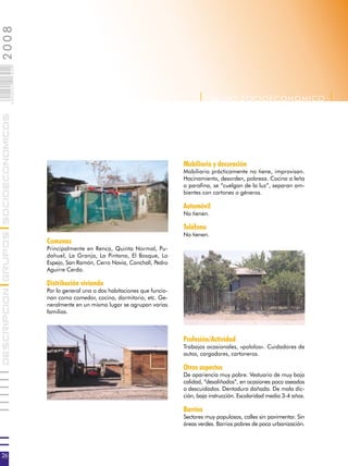 2008                        026
                            0 000PAG




                                                                                                 | G RUPO SOCIOECONOMICO |
DESCRIPCION GRUPOS SOCIOECONOMICOS




                                                                                           Mobiliario y decoración
                                                                                           Mobiliario prácticamente no tiene, improvisan.
                                                                                           Hacinamiento, desorden, pobreza. Cocina a leña
                                                                                           o parafina, se “cuelgan de la luz”, separan am-
                                                                                           bientes con cartones o géneros.

                                                                                           Automóvil
                                                                                           No tienen.

                                                                                           Teléfono
                                                                                           No tienen.
                                       Comunas
                                       Principalmente en Renca, Quinta Normal, Pu-
                                       dahuel, La Granja, La Pintana, El Bosque, Lo
                                       Espejo, San Ramón, Cerro Navia, Conchalí, Pedro
                                       Aguirre Cerda.

                                       Distribución vivienda
                                       Por lo general una o dos habitaciones que funcio-
                                       nan como comedor, cocina, dormitorio, etc. Ge-
                                       neralmente en un mismo lugar se agrupan varias
                                       familias.



                                                                                           Profesión/Actividad
                                                                                           Trabajos ocasionales, «pololos». Cuidadores de
                                                                                           autos, cargadores, cartoneros.

                                                                                           Otros aspectos
                                                                                           De apariencia muy pobre. Vestuario de muy baja
                                                                                           calidad, “desaliñados”, en ocasiones poco aseados
                                                                                           o descuidados. Dentadura dañada. De mala dic-
                                                                                           ción, baja instrucción. Escolaridad media 3-4 años.

                                                                                           Barrios
                                                                                           Sectores muy populosos, calles sin pavimentar. Sin
                                                                                           áreas verdes. Barrios pobres de poca urbanización.




26
 