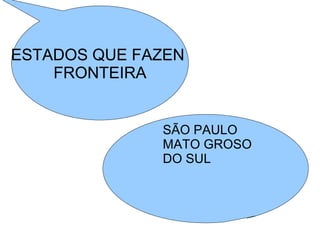 ESTADOS QUE FAZEN
    FRONTEIRA


              SÃO PAULO
              MATO GROSO
              DO SUL
 