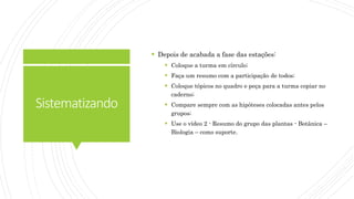 Sistematizando
 Depois de acabada a fase das estações:
 Coloque a turma em círculo;
 Faça um resumo com a participação de todos;
 Coloque tópicos no quadro e peça para a turma copiar no
caderno;
 Compare sempre com as hipóteses colocadas antes pelos
grupos;
 Use o vídeo 2 - Resumo do grupo das plantas - Botânica –
Biologia – como suporte.
 