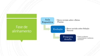 Fasede
alinhamento
Aula
Expositiva
• Breve revisão sobre o Reino
Plantae
Evolução • Breve revisão sobre Seleção
Natural
Pergunta
desafio
•Como as plantas
conquistaram o ambiente
terrestre?
 