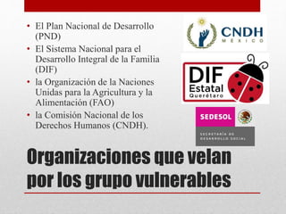 Organizaciones que velan
por los grupo vulnerables
• El Plan Nacional de Desarrollo
(PND)
• El Sistema Nacional para el
Desarrollo Integral de la Familia
(DIF)
• la Organización de la Naciones
Unidas para la Agricultura y la
Alimentación (FAO)
• la Comisión Nacional de los
Derechos Humanos (CNDH).
 