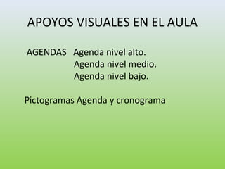 APOYOS VISUALES EN EL AULA
AGENDAS Agenda nivel alto.
Agenda nivel medio.
Agenda nivel bajo.
Pictogramas Agenda y cronograma
 
