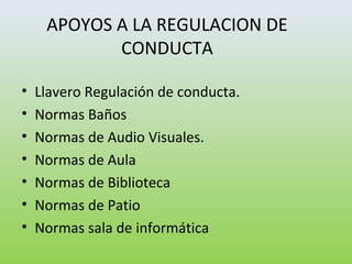 APOYOS A LA REGULACION DE
CONDUCTA
• Llavero Regulación de conducta.
• Normas Baños
• Normas de Audio Visuales.
• Normas de Aula
• Normas de Biblioteca
• Normas de Patio
• Normas sala de informática
 