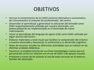 OBJETIVOS
• Acercar el conocimiento de los SAAC (sistema alternativo y aumentativo
de comunicación) al conjunto de profesionales del centro.
• Desarrollar el aprendizaje y generalizar la utilización del bimodal como
SAAC mayoritariamente utilizado por nuestro alumnado, con
potencialidad de ser implementado en el alumnado de nueva
matriculación.
• Iniciar el aprendizaje del lenguaje de signos (LSE) como SAAC utilizado por
algún alumno del centro.
• Elaborar materiales a nivel visual que faciliten la comprensión del entorno
a nuestro alumnado y favorezcan su autonomía y su desarrollo cognitivo.
• Dotar de recursos visuales las diferentes actividades que se realizan en las
distintas unidades didácticas.
• Favorecer el establecimiento de una línea metodológica común para el
personal del centro en relación con el uso de SAAC y de apoyos visuales.
• Promover a través de las tutorías el uso de estos recursos en el entorno
familiar del alumnado.
 