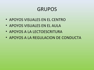 GRUPOS
• APOYOS VISUALES EN EL CENTRO
• APOYOS VISUALES EN EL AULA
• APOYOS A LA LECTOESCRITURA
• APOYOS A LA REGULACION DE CONDUCTA
 