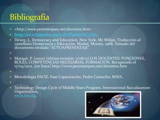 Bibliografía
 <http://www.peremarques.net/docentes.htm>
 http://es.wikipedia.org/wiki/Panam%C3%A1
 Dewey, J., Democracy and Education. New York, Mc Millan. Traducción al
    castellano Democracia y Educación, Madrd, Morata, 1988. Tomado del
    documento titulado "AUTOAPRENDIZAJE”.

 Marquè, P. (2000) (última revisión: 7/08/11) LOS DOCENTES: FUNCIONES,
    ROLES, COMPETENCIAS NECESARIAS, FORMACIÓN. Recuperado el
    17/04/2012. [en línea] http://www.peremarques.net/docentes.htm

 Metodología PACIE, Fase Capacitación, Pedro Camacho, MWA.

 Technology Design Cycle of Middle Years Program, International Baccalaureate
    Organization,
    www.ibo.org.
 
