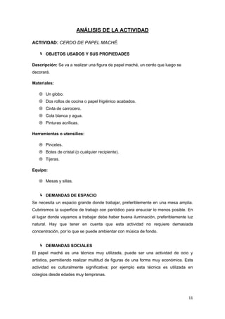 ANÁLISIS DE LA ACTIVIDAD

ACTIVIDAD: CERDO DE PAPEL MACHÉ.

    OBJETOS USADOS Y SUS PROPIEDADES

Descripción: Se va a realizar una figura de papel maché, un cerdo que luego se
decorará.

Materiales:

    Un globo.
    Dos rollos de cocina o papel higiénico acabados.
    Cinta de carrocero.
    Cola blanca y agua.
    Pinturas acrílicas.

Herramientas o utensilios:

    Pinceles.
    Botes de cristal (o cualquier recipiente).
    Tijeras.

Equipo:

    Mesas y sillas.


    DEMANDAS DE ESPACIO
Se necesita un espacio grande donde trabajar, preferiblemente en una mesa amplia.
Cubriremos la superficie de trabajo con periódico para ensuciar lo menos posible. En
el lugar donde vayamos a trabajar debe haber buena iluminación, preferiblemente luz
natural. Hay que tener en cuenta que esta actividad no requiere demasiada
concentración, por lo que se puede ambientar con música de fondo.


    DEMANDAS SOCIALES
El papel maché es una técnica muy utilizada, puede ser una actividad de ocio y
artística, permitiendo realizar multitud de figuras de una forma muy económica. Esta
actividad es culturalmente significativa; por ejemplo esta técnica es utilizada en
colegios desde edades muy tempranas.




                                                                                 11
 
