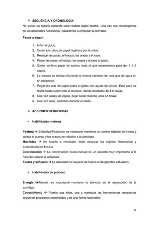  SECUENCIA Y CRONOLOGÍA
No existe un horario concreto para realizar papel maché. Una vez que dispongamos
de los materiales necesarios, pasaremos a empezar la actividad.

Pasos a seguir:

       1. Inflar el globo.
       2. Cortar los rollos de papel higiénico por la mitad.
       3. Realizar las patas, el hocico, las orejas y el rabo.
       4. Pegar las patas, el hocico, las orejas y el rabo al globo.
       5. Cortar en tiras papel de cocina, todo el que necesitemos para dar 4 ó 5
             capas.
       6. La mezcla se realiza diluyendo la misma cantidad de cola que de agua en
             un recipiente.
       7. Pegar las tiras de papel sobre el globo con ayuda del pincel. Este paso se
             repite hasta cubrir todo el muñeco, dando alrededor de 4-5 capas.
       8. Una vez dadas las capas, dejar secar durante unas 48 horas.
       9. Una vez seco, podemos decorar el cerdo.


    ACCIONES REQUERIDAS


      Habilidades motoras


Postura  Estabiliza/Posiciona: es necesario mantener un control estable de tronco y
coloca el cuerpo y los brazos en relación a la actividad.
Movilidad  En cuanto a movilidad, debe alcanzar los objetos flexionando y
extendiendo los brazos.
Coordinación  La coordinación óculo-manual es un aspecto muy importante a la
hora de realizar la actividad.
Fuerza y esfuerzo  La actividad no requiere de fuerza ni de grandes esfuerzos.


      Habilidades de proceso


Energía Atiende: es importante mantener la atención en el desempeño de la
actividad.
Conocimiento  Puesto que elige, usa y manipula las herramientas necesarias
según los propósitos pretendidos y de una forma razonable.



                                                                                  12
 
