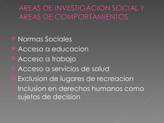 Normas Sociales Acceso a educacion Acceso a trabajo Acceso a servicios de salud Exclusion de lugares de recreacion Inclusion en derechos humanos como sujetos de decision  