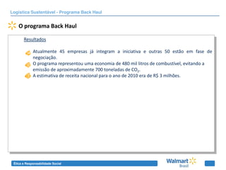 Logística Sustentável - Programa Back Haul


    O programa Back Haul

       Resultados

             Atualmente 45 empresas já integram a iniciativa e outras 50 estão em fase de
             negociação.
             O programa representou uma economia de 480 mil litros de combustível, evitando a
             emissão de aproximadamente 700 toneladas de CO2.
             A estimativa de receita nacional para o ano de 2010 era de R$ 3 milhões.




 Ética e Responsabilidade Social
 
