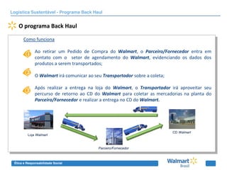 Logística Sustentável - Programa Back Haul


   O programa Back Haul

      Como funciona

              Ao retirar um Pedido de Compra do Walmart, o Parceiro/Fornecedor entra em
              contato com o setor de agendamento do Walmart, evidenciando os dados dos
              produtos a serem transportados;

              O Walmart irá comunicar ao seu Transportador sobre a coleta;

              Após realizar a entrega na loja do Walmart, o Transportador irá aproveitar seu
              percurso de retorno ao CD do Walmart para coletar as mercadorias na planta do
              Parceiro/Fornecedor e realizar a entrega no CD do Walmart.




                                                                             CD Walmart
         Loja Walmart



                                           Parceiro/Fornecedor



 Ética e Responsabilidade Social
 