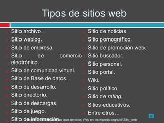 Tipos de sitios web
   Sitio archivo.                         Sitio de noticias.

   Sitio weblog.                          Sitio pornográfico.

   Sitio de empresa.                      Sitio de promoción web.

   Sitio          de             comercio Sitio buscador.
    electrónico.                           Sitio personal.
   Sitio de comunidad virtual.  Sitio portal.
   Sitio de Base de datos.                Wiki.

   Sitio de desarrollo.                   Sitio político.

   Sitio directorio.                      Sitio de rating.

   Sitio de descargas.                    Sitios educativos.

   Sitio de juego.                        Entre otros…

   Sitio de información. tipos de sitios Web en: es.wipedia.org/wiki/Sitio_web
          mas información sobre los
 