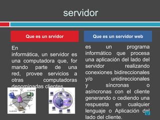 servidor

     Que es un srvidor           Que es un servidor web

En                            es       un        programa
informática, un servidor es   informático que procesa
una computadora que, for      una aplicación del lado del
mando parte de una            servidor          realizando
red, provee servicios a       conexiones bidireccionales
otras         computadoras    y/o         unidireccionales
denominadas clientes.         y        síncronas         o
                              asíncronas con el cliente
                              generando o cediendo una
                              respuesta en cualquier
                              lenguaje o Aplicación del
                              lado del cliente.
 