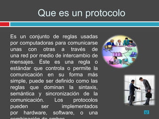 Que es un protocolo

Es un conjunto de reglas usadas
por computadoras para comunicarse
unas con otras a través de
una red por medio de intercambio de
mensajes. Éste es una regla o
estándar que controla o permite la
comunicación en su forma más
simple, puede ser definido como las
reglas que dominan la sintaxis,
semántica y sincronización de la
comunicación.     Los     protocolos
pueden      ser      implementados
por hardware, software, o una
 