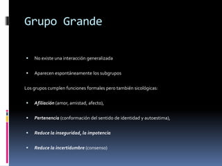 Grupo Grande
 No existe una interacción generalizada
 Aparecen espontáneamente los subgrupos
Los grupos cumplen funciones formales pero también sicológicas:
 Afiliación (amor, amistad, afecto),
 Pertenencia (conformación del sentido de identidad y autoestima),
 Reduce la inseguridad, la impotencia
 Reduce la incertidumbre (consenso)
 