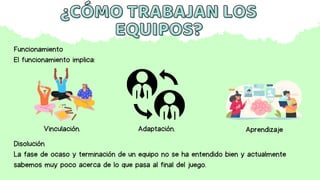 Funcionamiento
El funcionamiento implica:
Disolución
La fase de ocaso y terminación de un equipo no se ha entendido bien y actualmente
sabemos muy poco acerca de lo que pasa al final del juego.
¿CÓMO TRABAJAN LOS
¿CÓMO TRABAJAN LOS
EQUIPOS?
EQUIPOS?
Vinculación. Adaptación. Aprendizaje
 