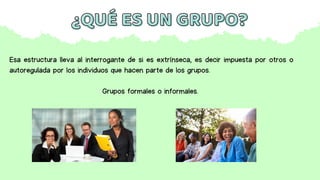 ¿QUÉ ES UN GRUPO?
¿QUÉ ES UN GRUPO?
Esa estructura lleva al interrogante de si es extrínseca, es decir impuesta por otros o
autoregulada por los individuos que hacen parte de los grupos.
Grupos formales o informales.
 