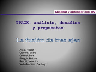 TPACK: análisis, desafíos 
y propuestas 
Ayala, Héctor 
Ciommo, Eliana 
Coronel, Mria 
Pileggis, Bettina 
Ruscitti, Veronica 
Vedia Martinez, Santiago 
 