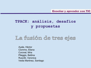 TPACK: análisis, desafíos 
y propuestas 
Ayala, Héctor 
Ciommo, Eliana 
Coronel, Mria 
Pileggis, Bettina 
Ruscitti, Veronica 
Vedia Martinez, Santiago 
 